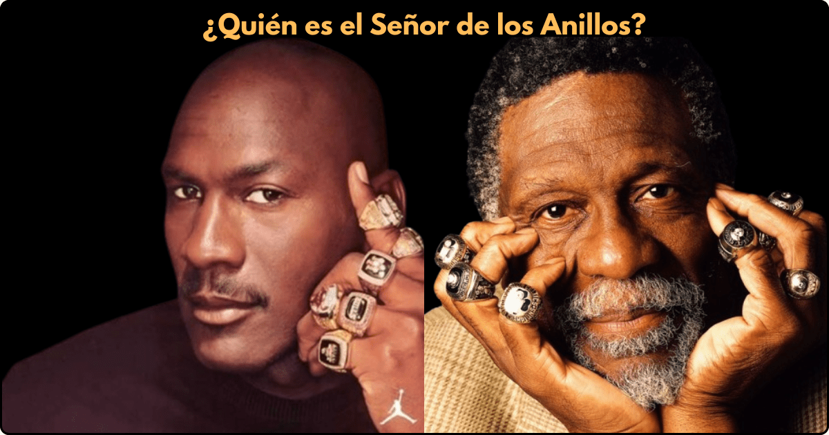 Montaje fotogr&aacute;fico de Michael Jordan y Bill Russell debatiendo qui&eacute;n es el jugador con m&aacute;s anillos NBA de la historia.