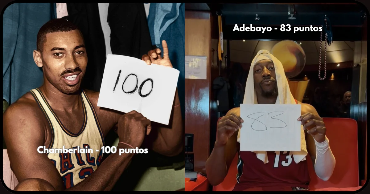 Wilt Chamberlain y Bam Adebayo sosteniendo folios con los r&eacute;cords de 100 y 83 puntos en un partido de la NBA.